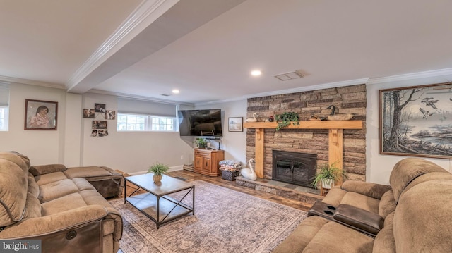 411 Spencer, Galloway, NJ 08205 - living area featuring ornamental molding, a fireplace, wood finished floors, baseboards, and recessed lighting