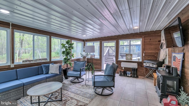 411 Spencer, Galloway, NJ 08205 - sunroom / solarium featuring a wood stove, recessed lighting, and wooden ceiling