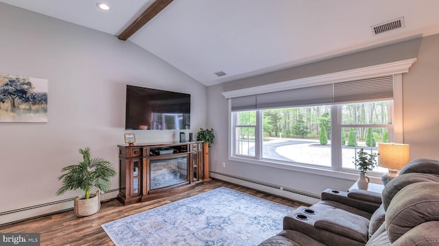 411 Spencer, Galloway, NJ 08205 - living room with a baseboard radiator, wood finished floors, a glass covered fireplace, and recessed lighting