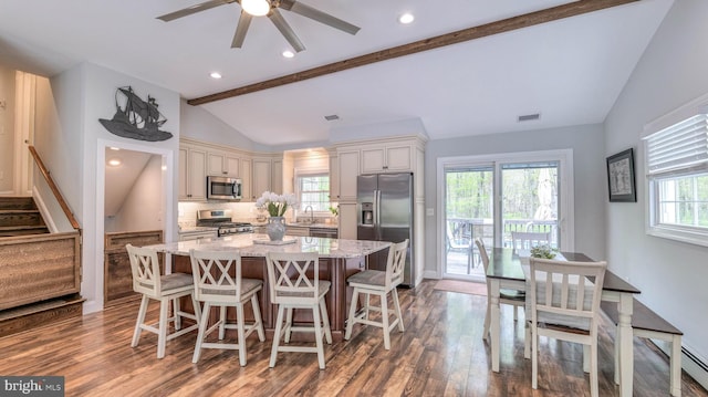 411 Spencer, Galloway, NJ 08205 - dining area featuring dark wood-type flooring, ceiling fan, stairway, recessed lighting, and a baseboard heating unit