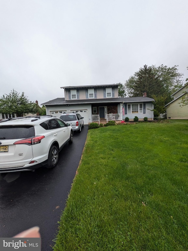 traditional-style house with a garage, a porch, a front lawn, and driveway