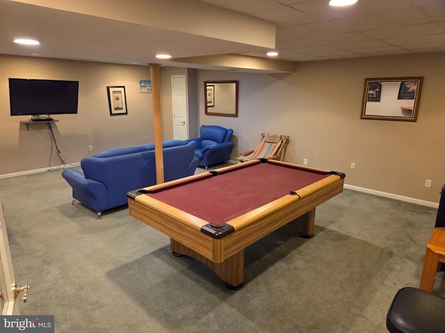 game room with carpet floors, recessed lighting, baseboards, and billiards