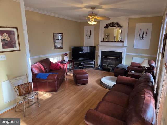 living area with wood finished floors, a ceiling fan, crown molding, and a glass covered fireplace