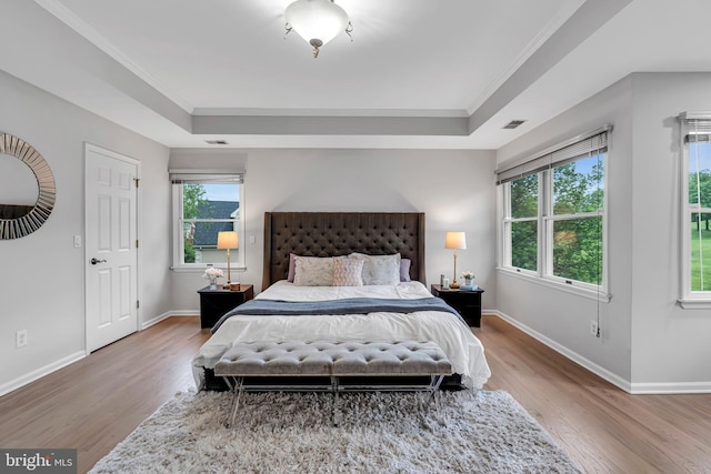 bedroom with a raised ceiling, wood finished floors, baseboards, and ornamental molding