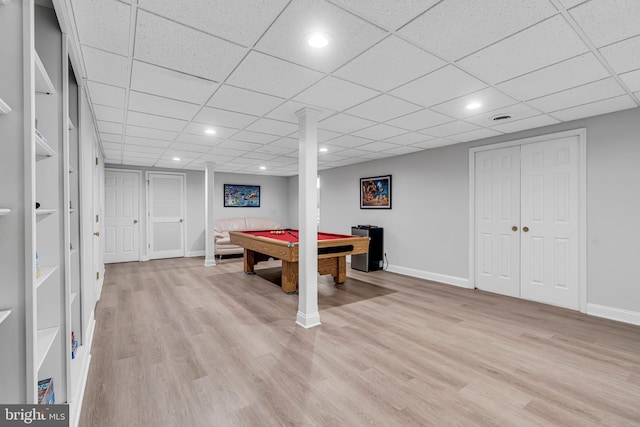 game room with billiards table, light wood-style floors, baseboards, recessed lighting, and a paneled ceiling