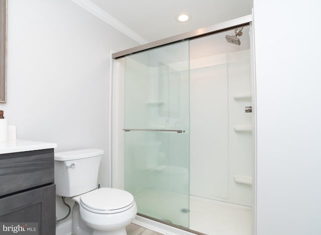 303 N Elm Ave, Newtown, PA 18940 - full bath with a stall shower, vanity, toilet, crown molding, and recessed lighting