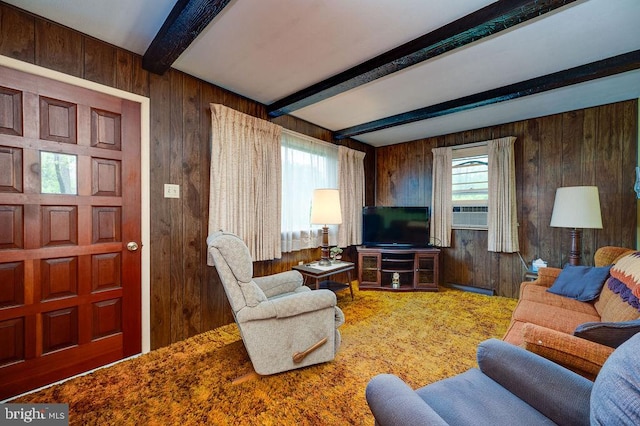 living room with wooden walls and beamed ceiling