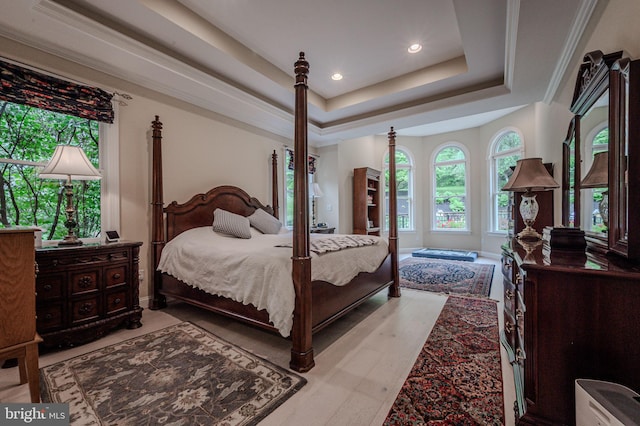 bedroom featuring a tray ceiling, baseboards, and recessed lighting