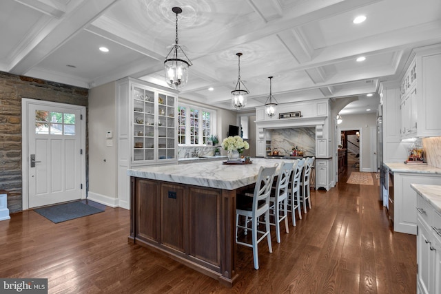 1182 Wrack Rd, Meadowbrook, PA 19046 - kitchen featuring dark wood-style flooring, recessed lighting, white cabinetry, a spacious island, and coffered ceiling