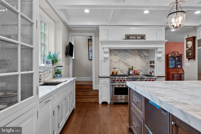 1182 Wrack Rd, Meadowbrook, PA 19046 - kitchen with luxury range, dark wood-style flooring, white cabinetry, coffered ceiling, and decorative backsplash