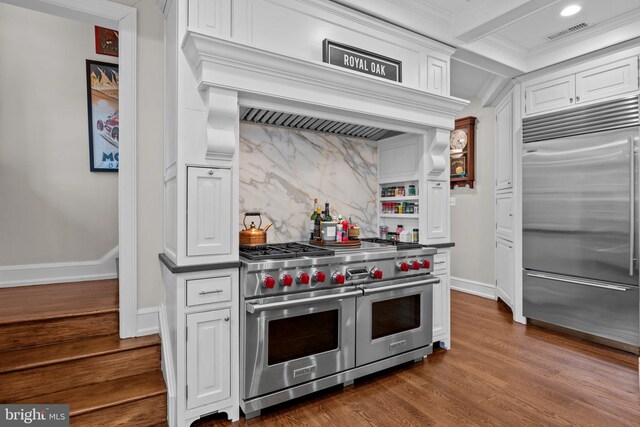 1182 Wrack Rd, Meadowbrook, PA 19046 - kitchen with high quality appliances, baseboards, white cabinetry, ornamental molding, and dark wood-type flooring