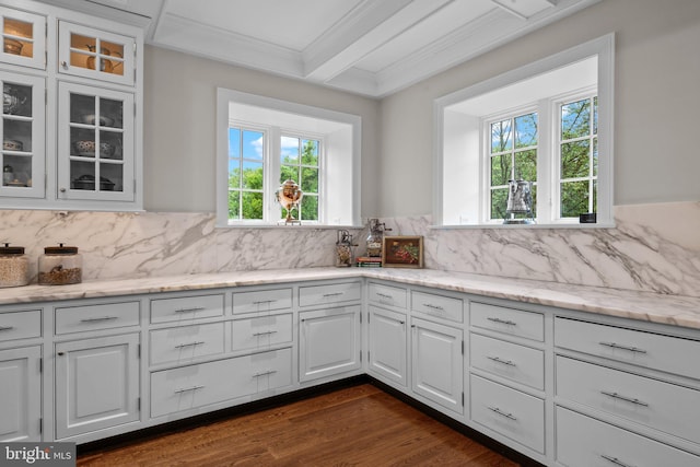 1182 Wrack Rd, Meadowbrook, PA 19046 - kitchen with healthy amount of natural light, crown molding, white cabinets, glass insert cabinets, and dark wood-style floors