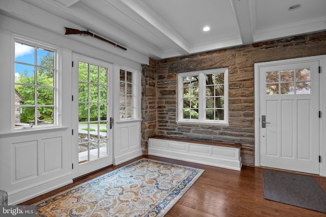 1182 Wrack Rd, Meadowbrook, PA 19046 - foyer entrance featuring ornamental molding, healthy amount of natural light, beam ceiling, and dark wood-style floors