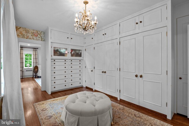 1182 Wrack Rd, Meadowbrook, PA 19046 - walk in closet featuring a chandelier, dark wood-style flooring, and radiator heating unit