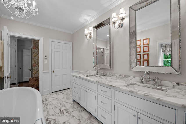 1182 Wrack Rd, Meadowbrook, PA 19046 - bathroom featuring a chandelier, ornamental molding, a freestanding bath, marble look tiles, and double vanity