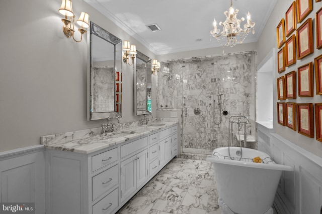 1182 Wrack Rd, Meadowbrook, PA 19046 - bathroom with marble look tile flooring, a chandelier, ornamental molding, a tile shower, and a soaking tub