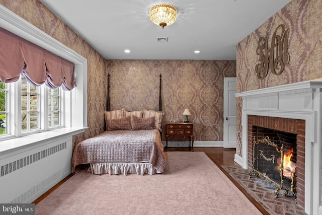 1182 Wrack Rd, Meadowbrook, PA 19046 - bedroom featuring radiator, wallpapered walls, a fireplace, baseboards, and recessed lighting