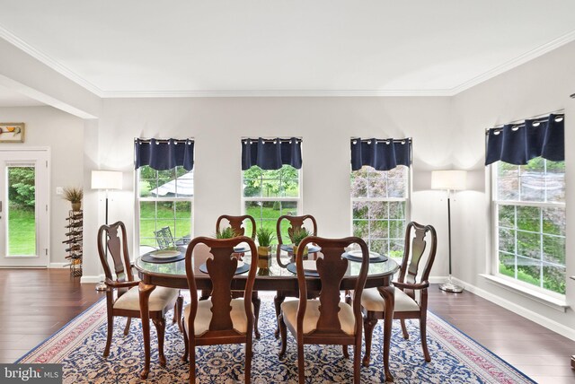 20355 Snowpoint Pl, Ashburn, VA 20147 - dining area featuring dark wood finished floors, crown molding, and baseboards