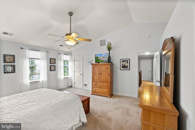 20355 Snowpoint Pl, Ashburn, VA 20147 - bedroom with light carpet, baseboards, ceiling fan, and high vaulted ceiling