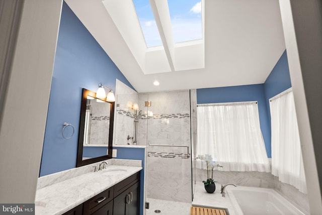 20355 Snowpoint Pl, Ashburn, VA 20147 - bathroom with a skylight, lofted ceiling, a garden tub, vanity, and tiled shower
