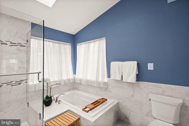 20355 Snowpoint Pl, Ashburn, VA 20147 - bathroom featuring a garden tub, lofted ceiling, a shower stall, and toilet