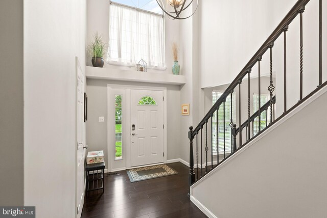 20355 Snowpoint Pl, Ashburn, VA 20147 - foyer with a high ceiling, stairway, wood finished floors, plenty of natural light, and baseboards
