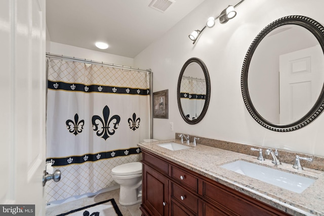 20355 Snowpoint Pl, Ashburn, VA 20147 - full bath featuring toilet, double vanity, tile patterned floors, and a shower with shower curtain