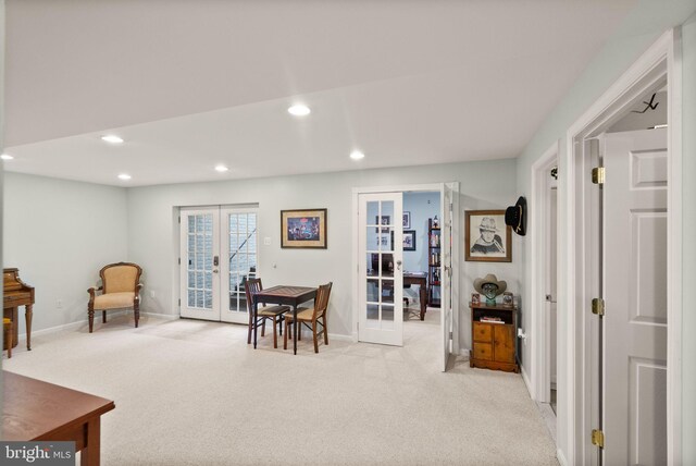 20355 Snowpoint Pl, Ashburn, VA 20147 - sitting room with french doors, light carpet, baseboards, and recessed lighting