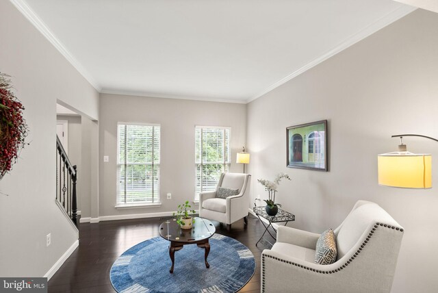 20355 Snowpoint Pl, Ashburn, VA 20147 - living room with crown molding, stairway, baseboards, and wood finished floors