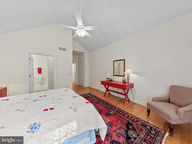 37 Sussex St, Rehoboth Beach, DE 19971 - bedroom featuring high vaulted ceiling, light wood-style flooring, ensuite bathroom, a ceiling fan, and baseboards