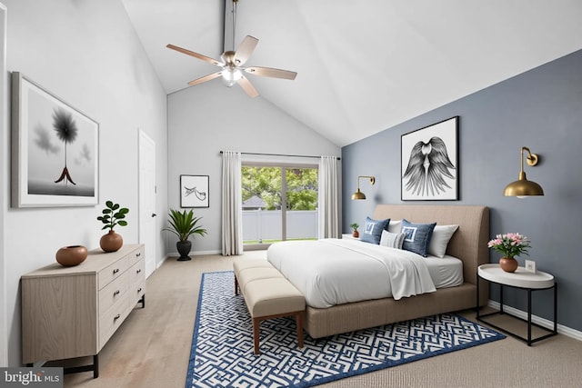bedroom featuring high vaulted ceiling, light colored carpet, baseboards, access to exterior, and a ceiling fan