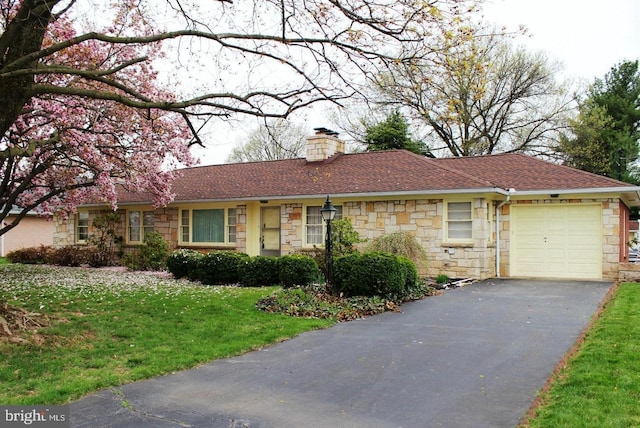 255 Pangborn Blvd, Hagerstown, MD 21740 - ranch-style home with stone siding, a garage, a chimney, asphalt driveway, and a front yard