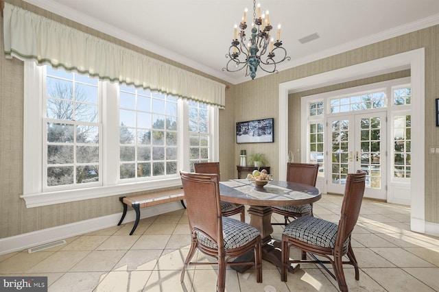 dining area featuring wallpapered walls, a chandelier, french doors, light tile patterned flooring, and baseboards
