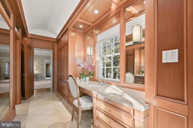 bathroom with vanity, tile patterned floors, and lofted ceiling