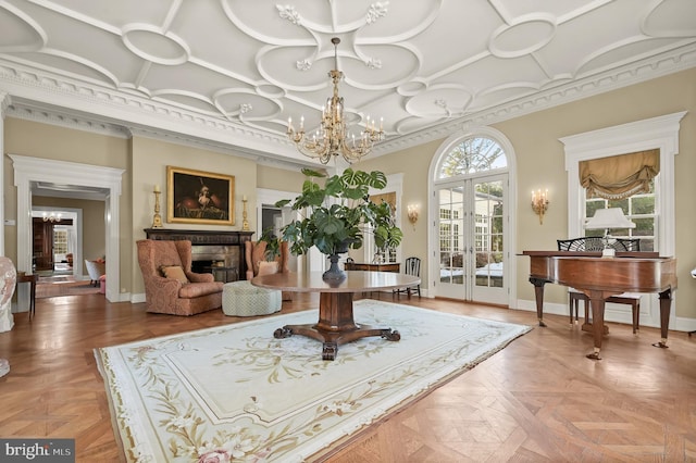common area with coffered ceiling