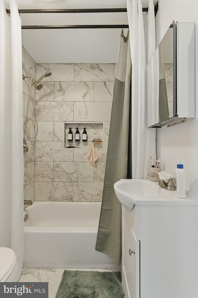 4508 Post Rd, Marcus Hook, PA 19061 - bathroom featuring shower / bathtub combination with curtain, marble look tiles, vanity, and toilet