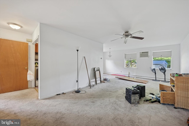 miscellaneous room featuring carpet floors, ceiling fan, baseboards, and a wall mounted air conditioner
