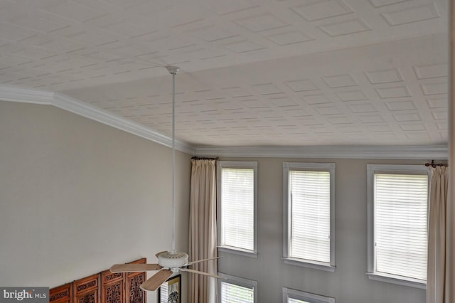 detailed view of ornamental molding and ceiling fan
