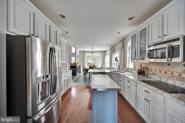 kitchen with stainless steel appliances, a peninsula, a sink, dark wood-style floors, and glass insert cabinets