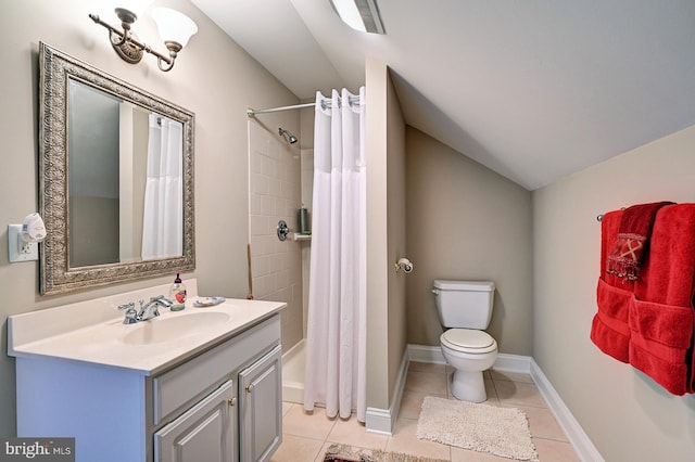 bathroom with lofted ceiling, toilet, tile patterned flooring, vanity, and shower / tub combo