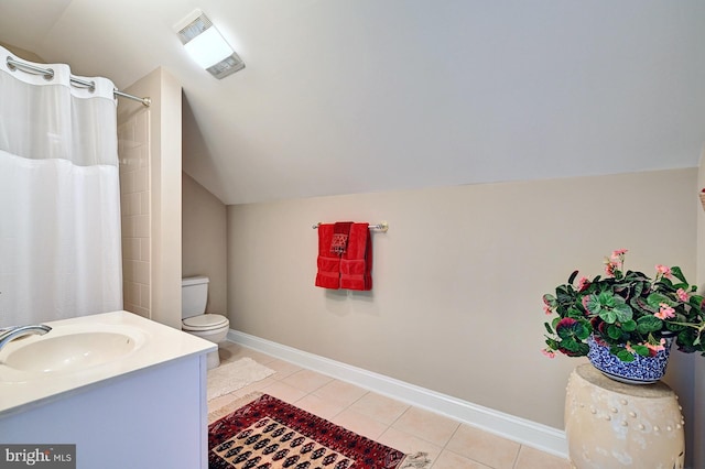 2 Cedar Grove Ct, Ocean View, DE 19970 - bathroom featuring lofted ceiling, toilet, tile patterned flooring, a shower with shower curtain, and baseboards