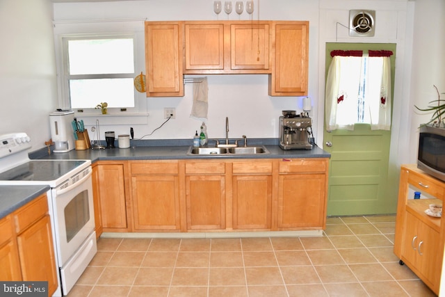 kitchen with white electric range, a sink, stainless steel microwave, and dark countertops