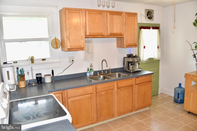 kitchen with a sink, white range with electric stovetop, light tile patterned floors, dark countertops, and plenty of natural light