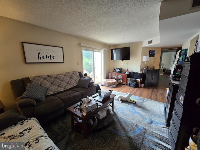 living room with dark wood-type flooring and a textured ceiling