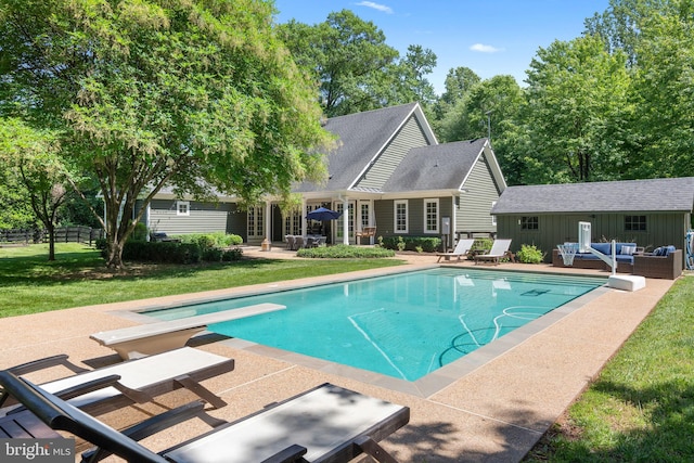 5194 Chase Ln, Midland, VA 22728 - outdoor pool featuring an outdoor hangout area, a patio area, a yard, and a diving board