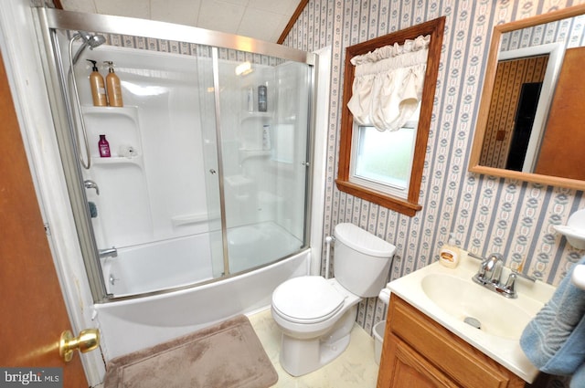 400 S Arthur Dr, Edgewater Park, NJ 08010 - bathroom featuring wallpapered walls, bath / shower combo with glass door, vanity, and toilet