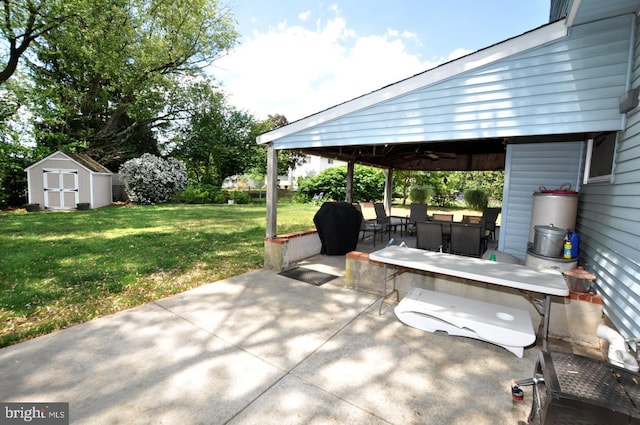 400 S Arthur Dr, Edgewater Park, NJ 08010 - view of patio / terrace featuring a ceiling fan, a shed, an outdoor structure, a gazebo, and water heater