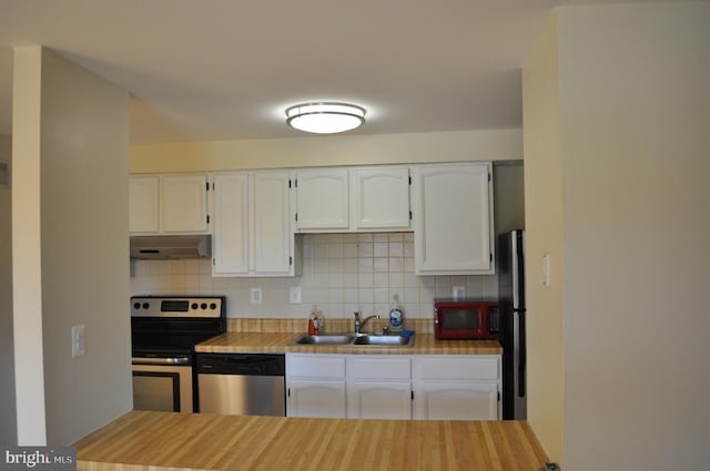 kitchen featuring appliances with stainless steel finishes, a sink, under cabinet range hood, and tasteful backsplash