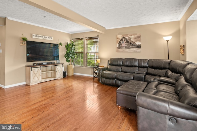 living area featuring a textured ceiling, wood finished floors, baseboards, and ornamental molding