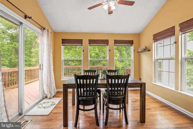 sunroom / solarium with lofted ceiling, baseboards, a textured ceiling, and wood finished floors